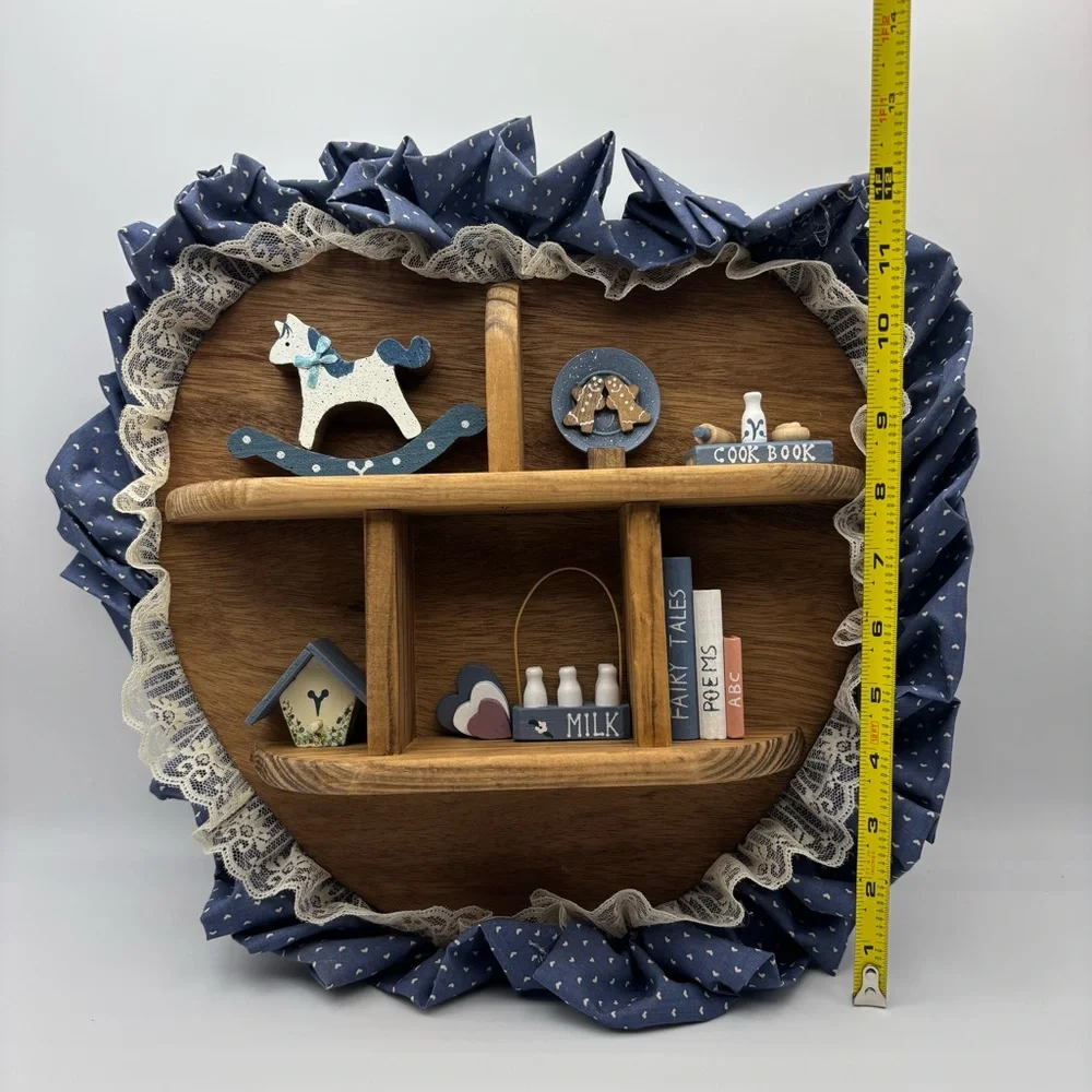 Vtg Wood Wall Shelf Curio Shadow Box Heart Dividers Display Country Farmhouse
